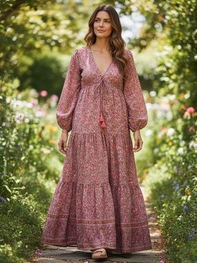 Karma Highway Boho Pink Floral Tiered Maxi Dress with Tie Waist, One Size, NWT!